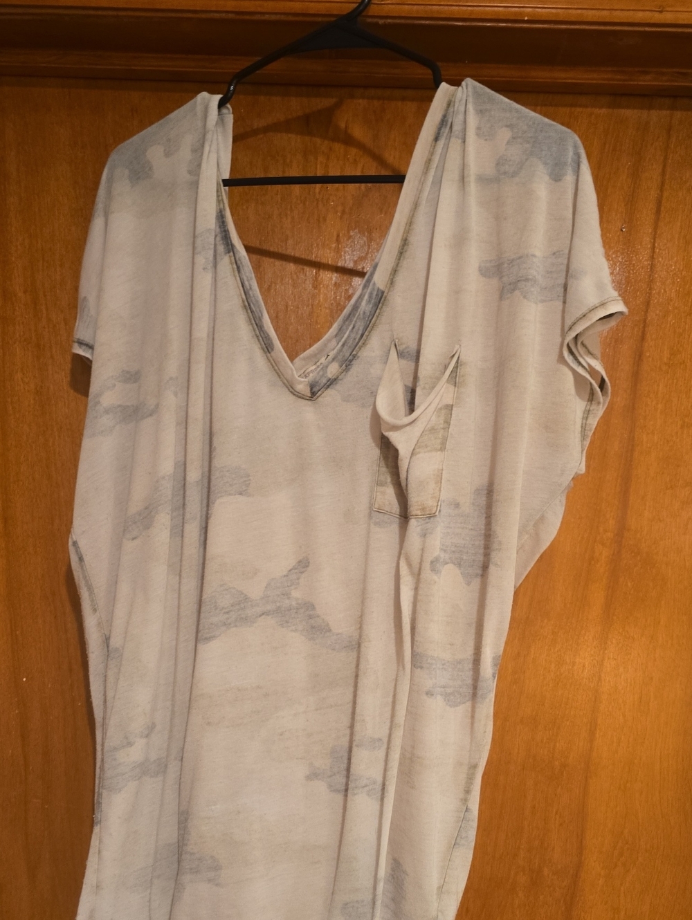 Light Beige Military-Print V-Neck Women's Top